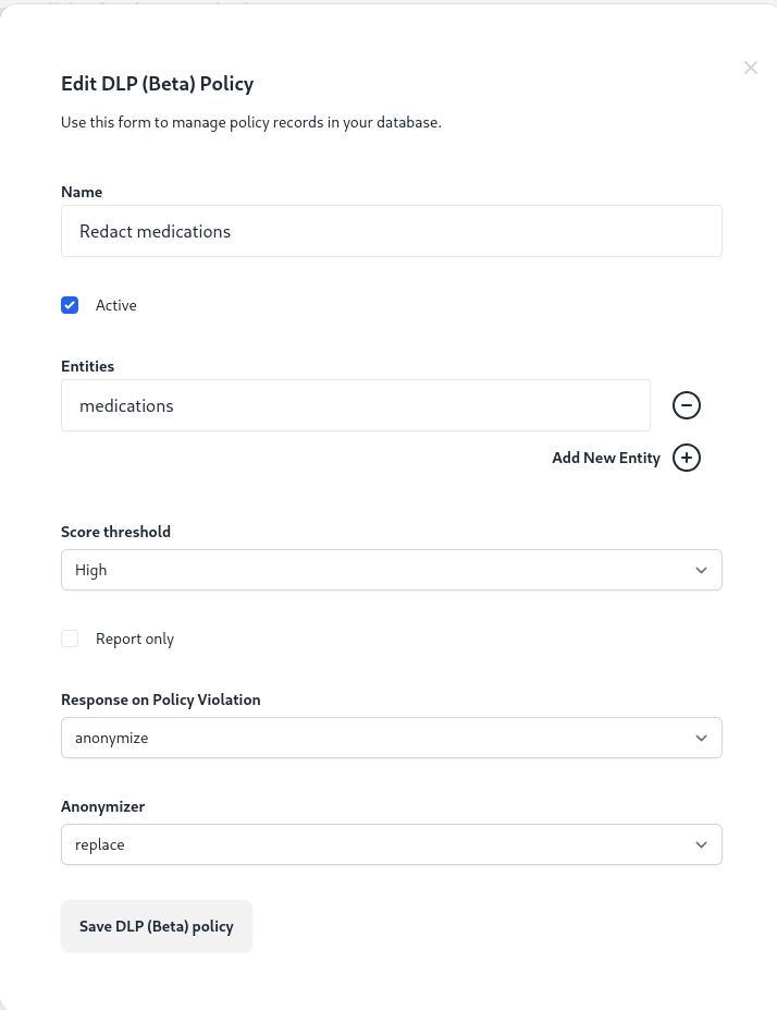 Alice's policy which uses zero shot classification to detect and redact medication data elements